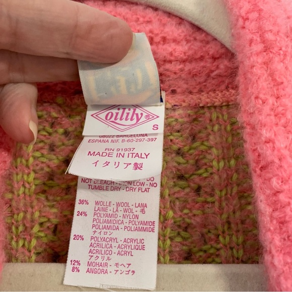 Vintage Oilily wool blend neon‎ pink/yellow cableknit cardigan sweater. Size S - Picture 10 of 12